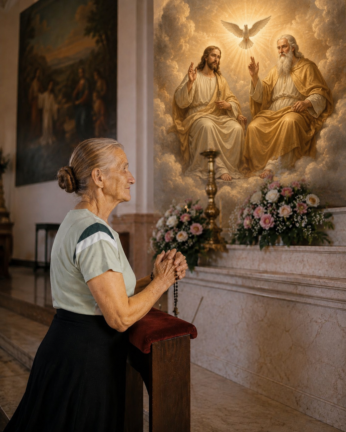 Dona Cila em oração diante do altar