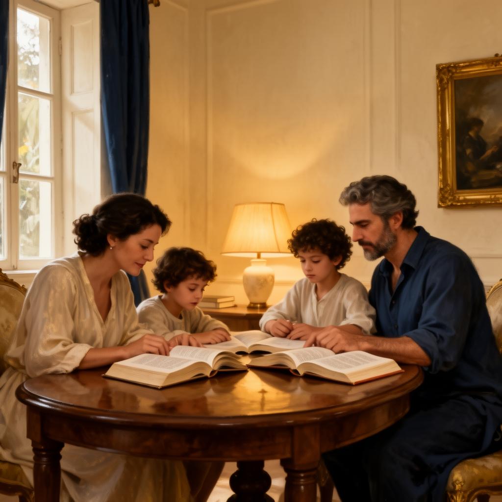 Família estudando junta em ambiente acolhedor