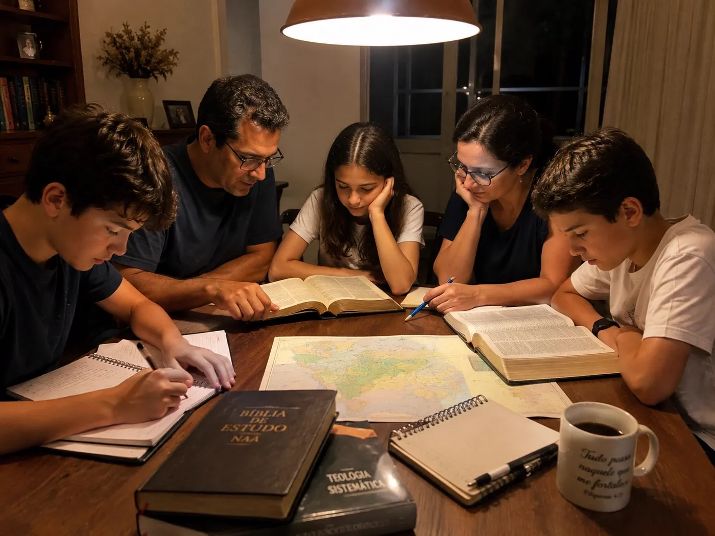 Família estudando junta em mesa com livros, Bíblia, mapa e cadernos em ambiente clássico e acolhedor.
